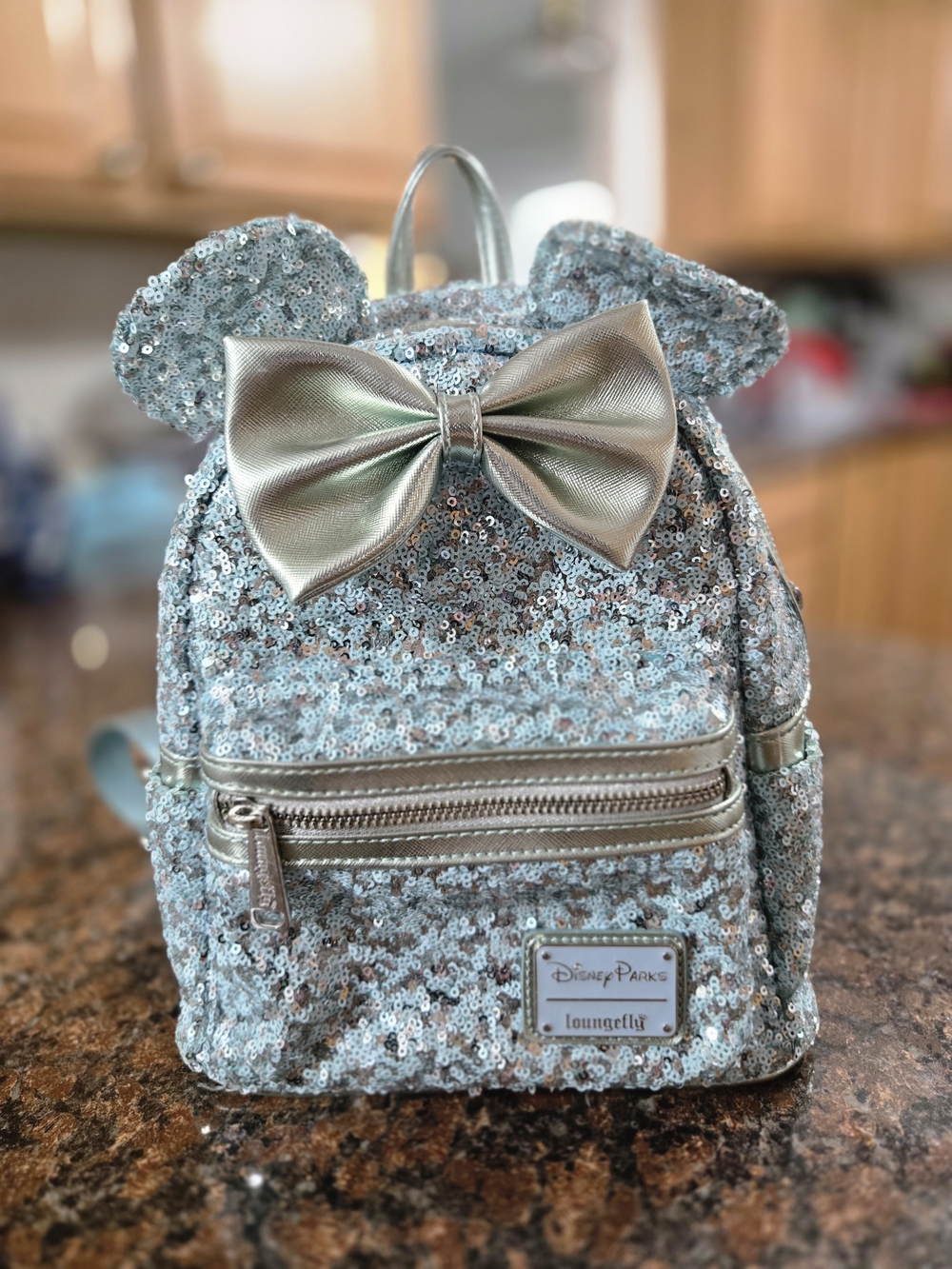 Loungefly Silver Sequin Mini Backpack with Metallic Bow